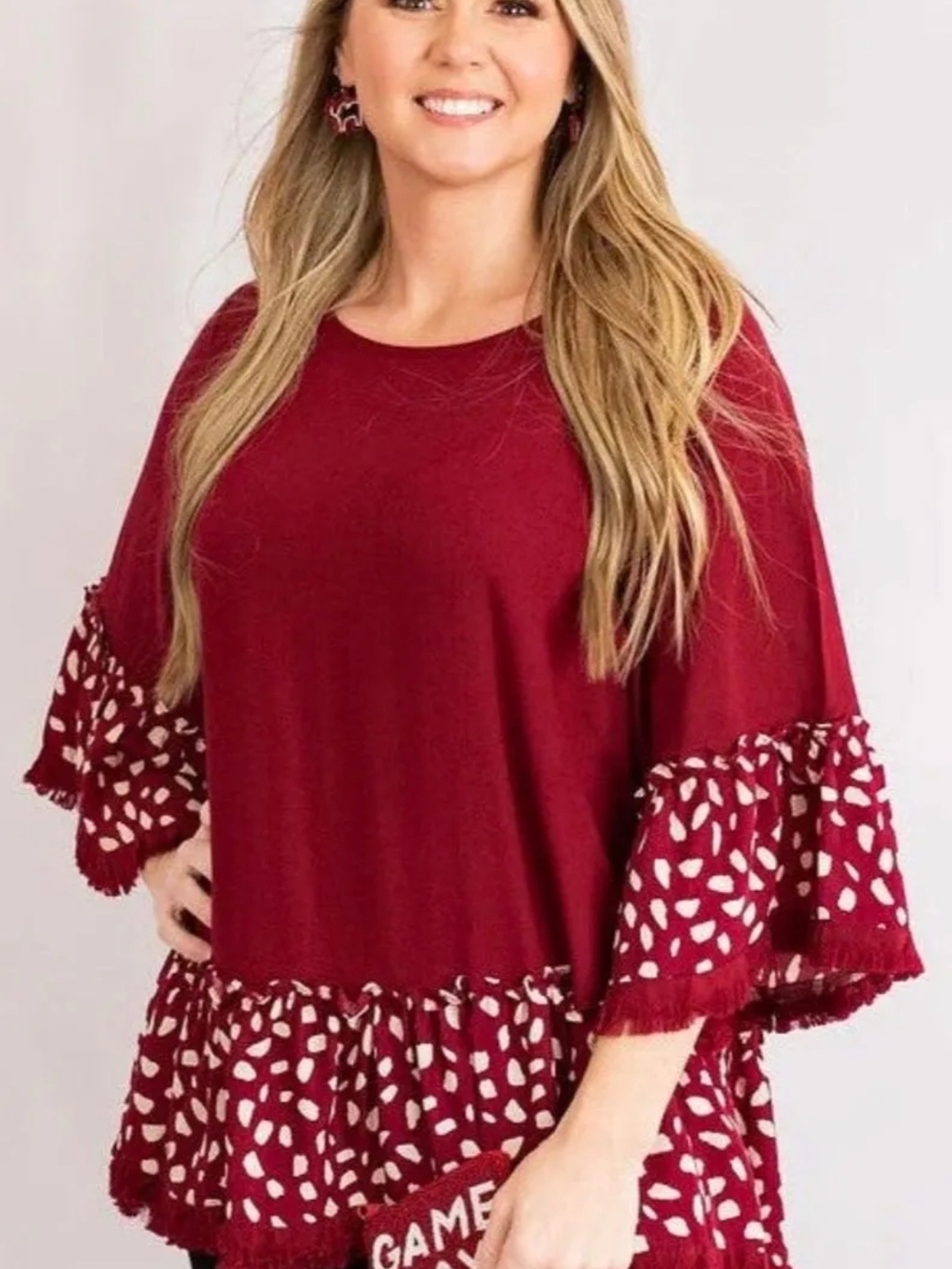 UMGEE Linen Ruffled Hem Top with Animal Print Bell SLEEVES